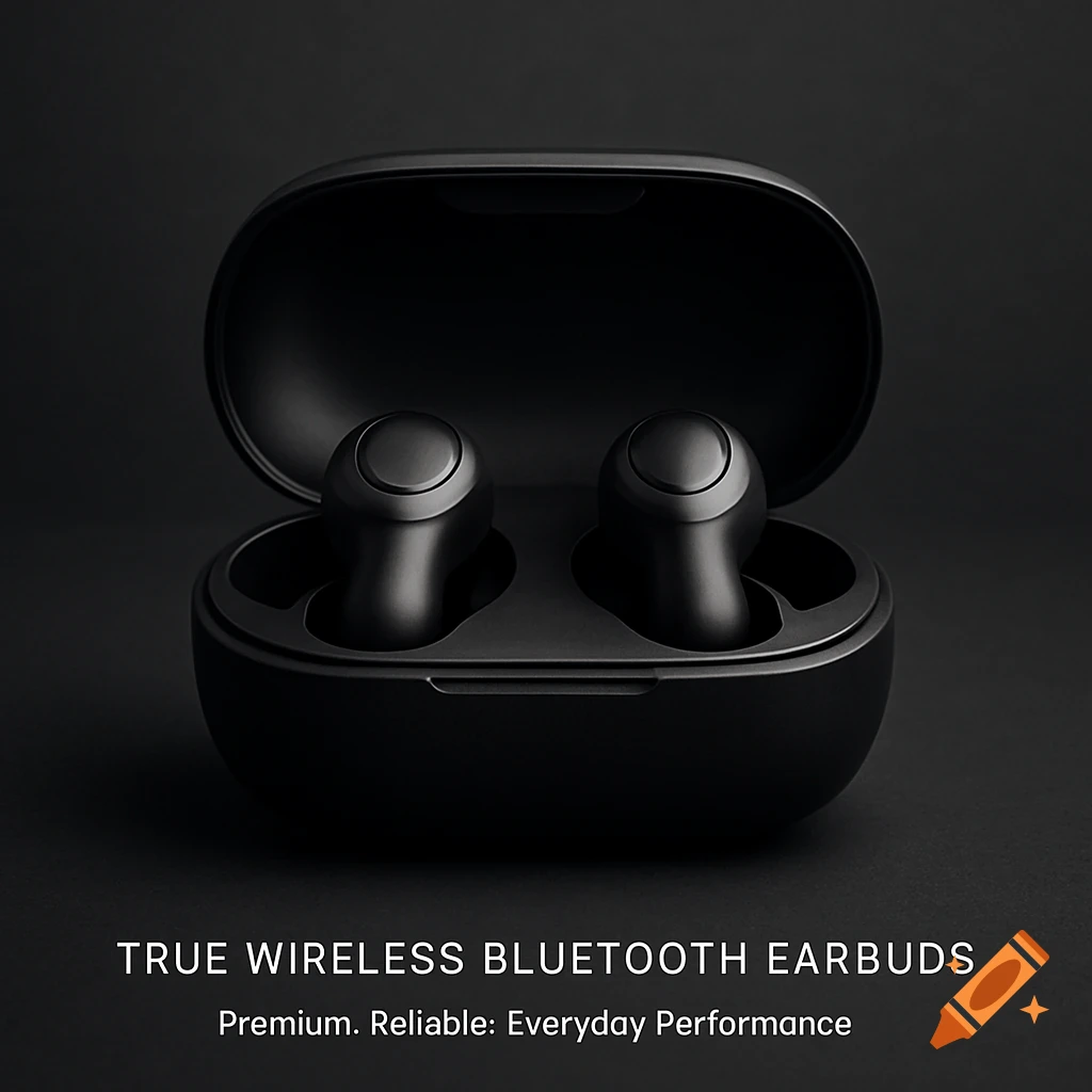 A close-up of black true wireless Bluetooth earbuds in their open charging case on a dark grey background.