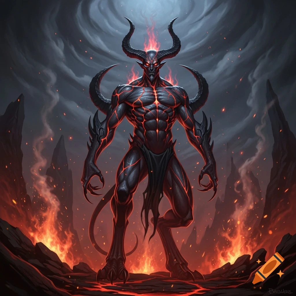 A muscular, dark demon with glowing red eyes and fiery cracks, standing in a hellish landscape with lava and smoke.
