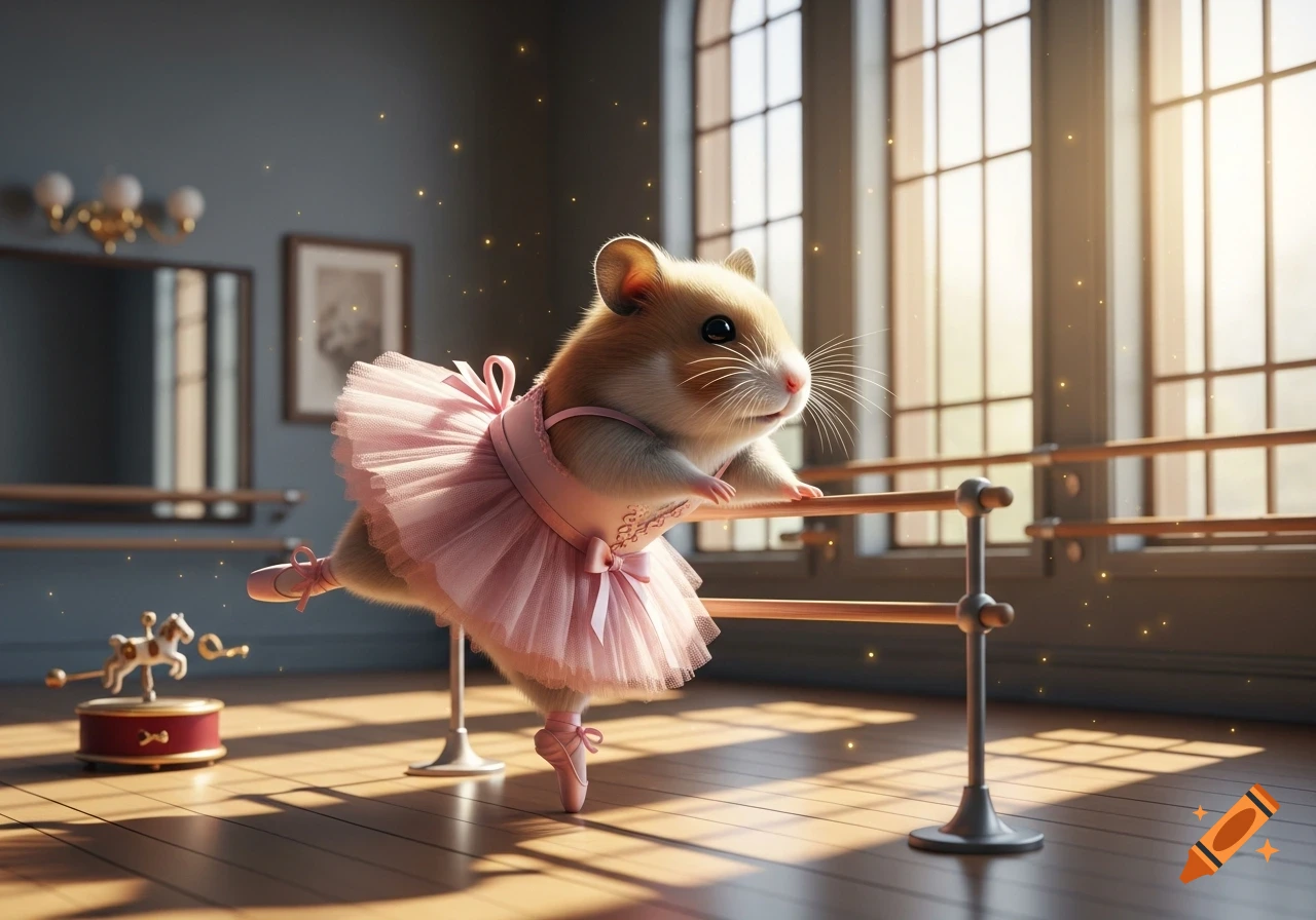 Photorealistic image of a cute hamster in a pink tutu and ballet shoes, practicing at a ballet barre in a sunny studio.