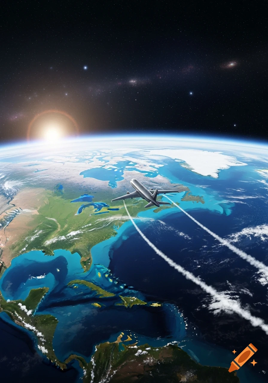 An airplane flies above North America, seen from space with the sun rising over the horizon and stars in the background.