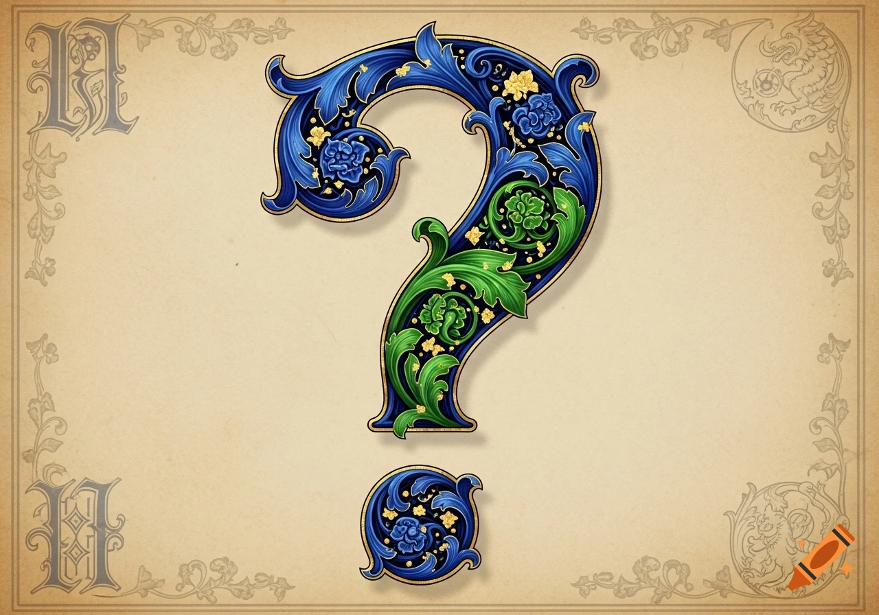 Ornate blue and green question mark with gold accents in a medieval illuminated manuscript style on a parchment background.