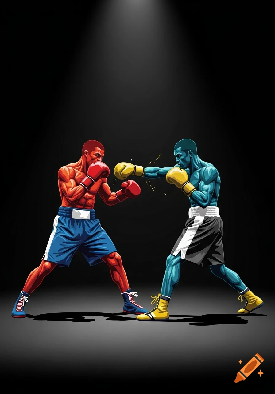 Two stylized boxers, one red and one blue, exchange punches under a spotlight on a dark background.