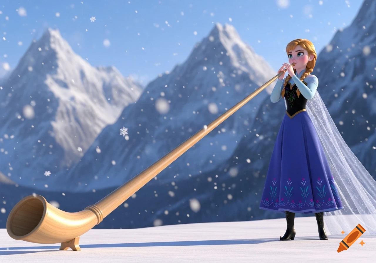 Princess Anna of Arendelle plays a long wooden alphorn in a snowy mountain landscape, rendered in a 3D animated style.