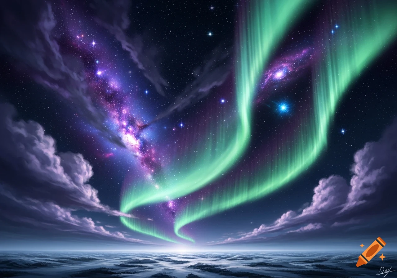 Vibrant green aurora and a purple galaxy light up a starry night sky over a misty, alien landscape.