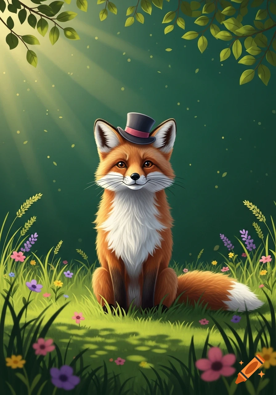 A cute cartoon fox wearing a small black top hat sits in a sunlit green meadow with colorful wildflowers.