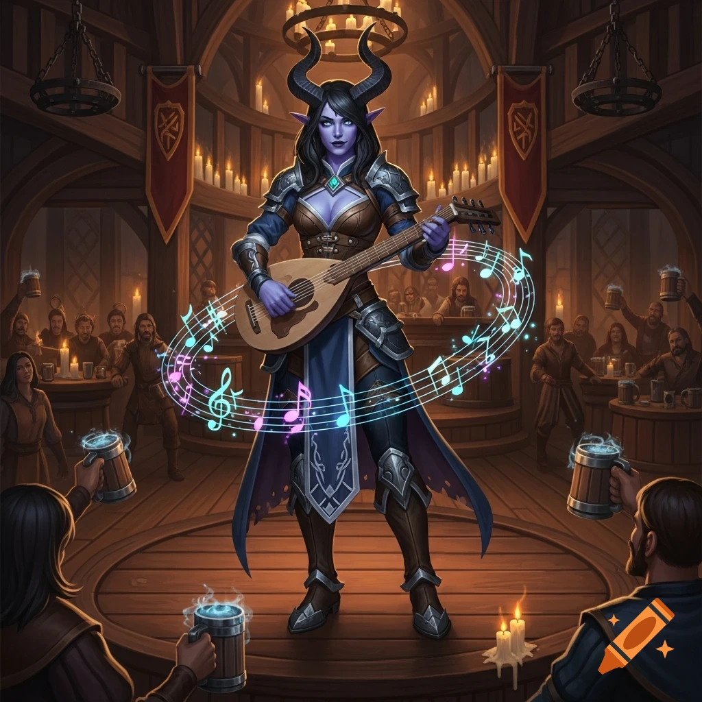 A female Tiefling bard with black hair and cobalt blue skin plays a lute in a busy, candlelit tavern.