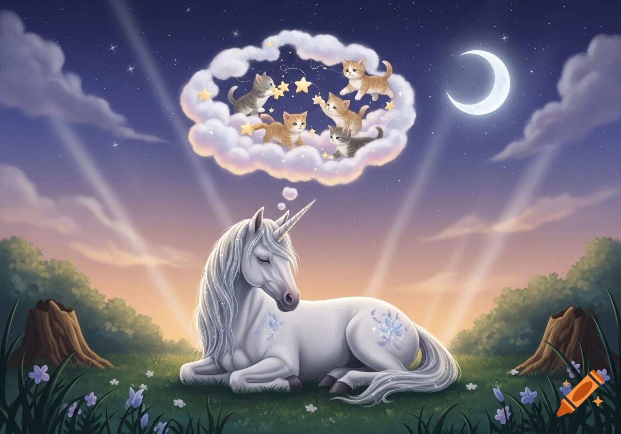 A white unicorn lies in a grassy field at twilight, dreaming of five playful kittens in a cloud with stars under a crescent moon.