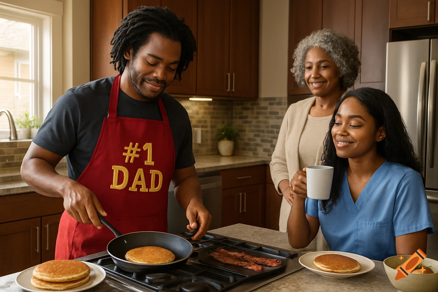 A Black father in a "#1 DAD" apron cooks pancakes and bacon, while a mother sips coffee and a grandmother smiles in a modern kitchen.