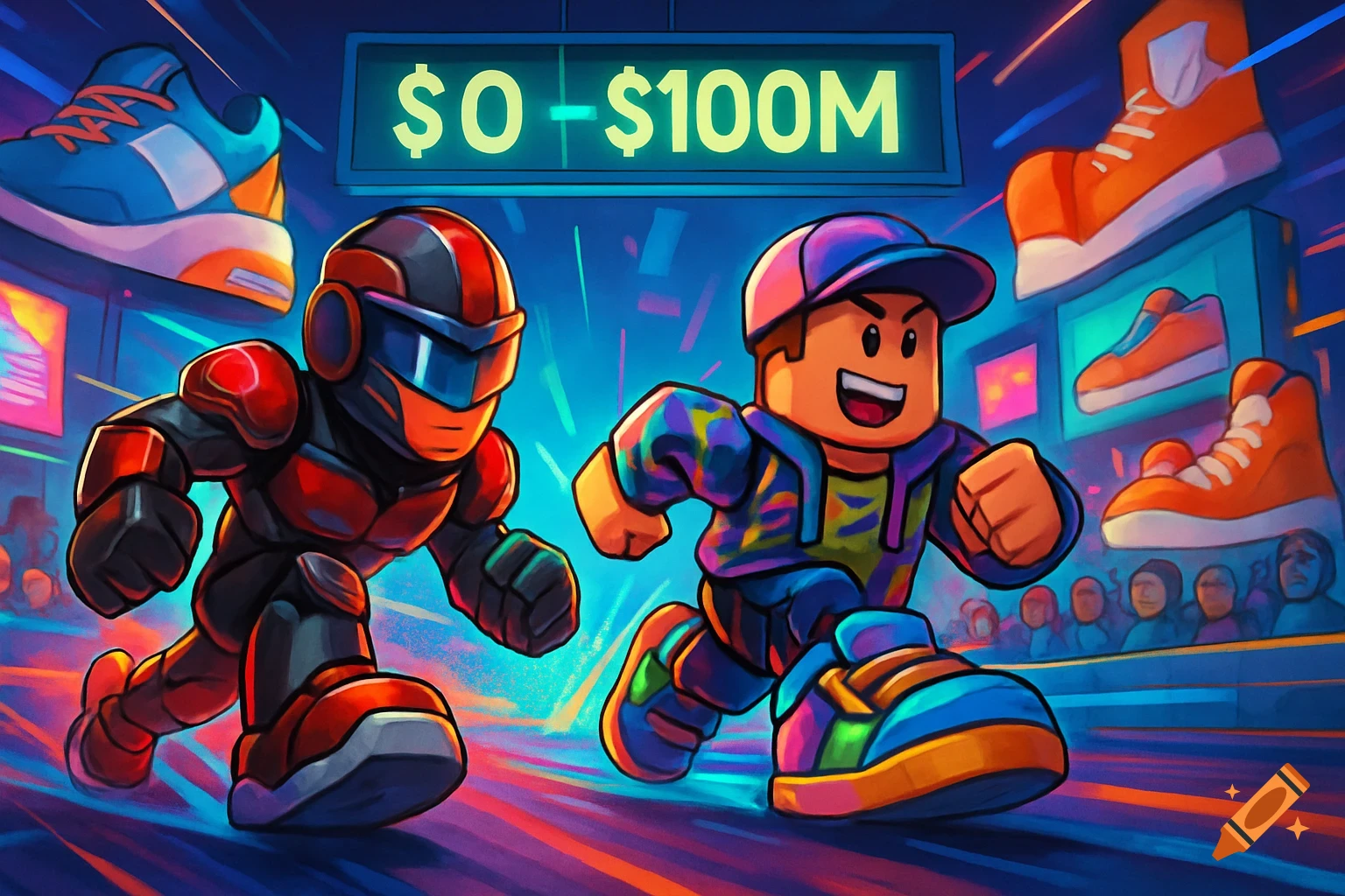 Two stylized Roblox-like characters, one in red armor and one in a cap and hoodie, race past a glowing "$0 - $100M" sign and giant sneakers in a vibrant, futuristic setting.