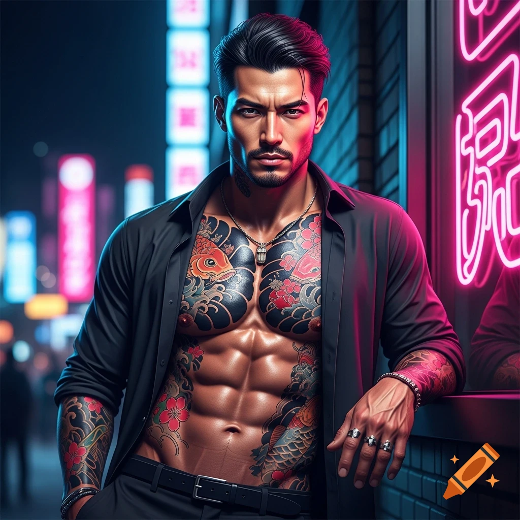 Photorealistic portrait of a muscular man with an open black shirt, showing elaborate Japanese-style tattoos, in a neon-lit urban night scene.
