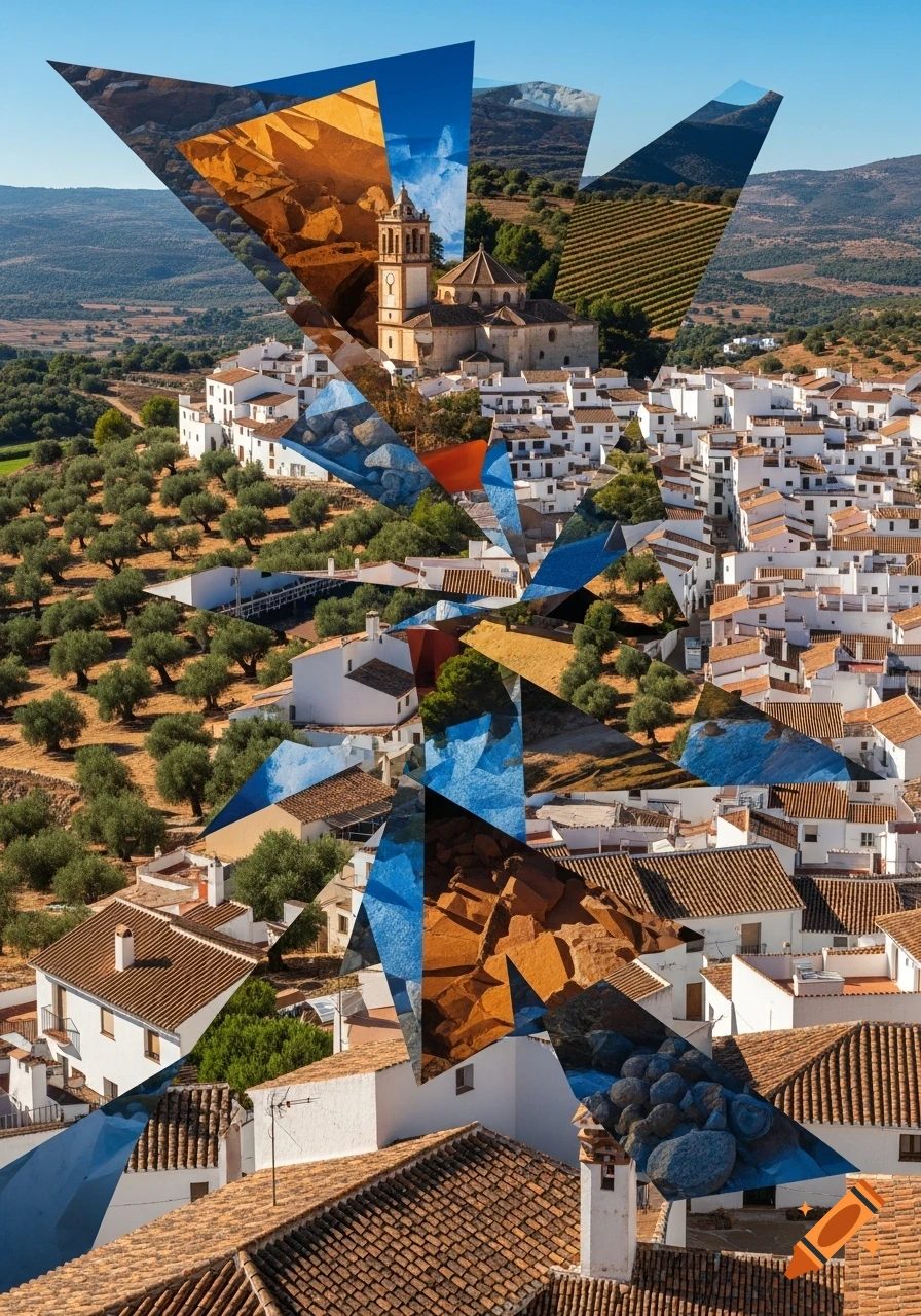 Cubist-style fragmented landscape of a white village with a church and olive groves, surrounded by mountains.