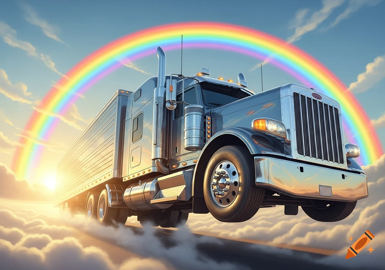 A shiny silver semi-truck drives on a road of clouds under a vibrant rainbow and a sunlit sky.