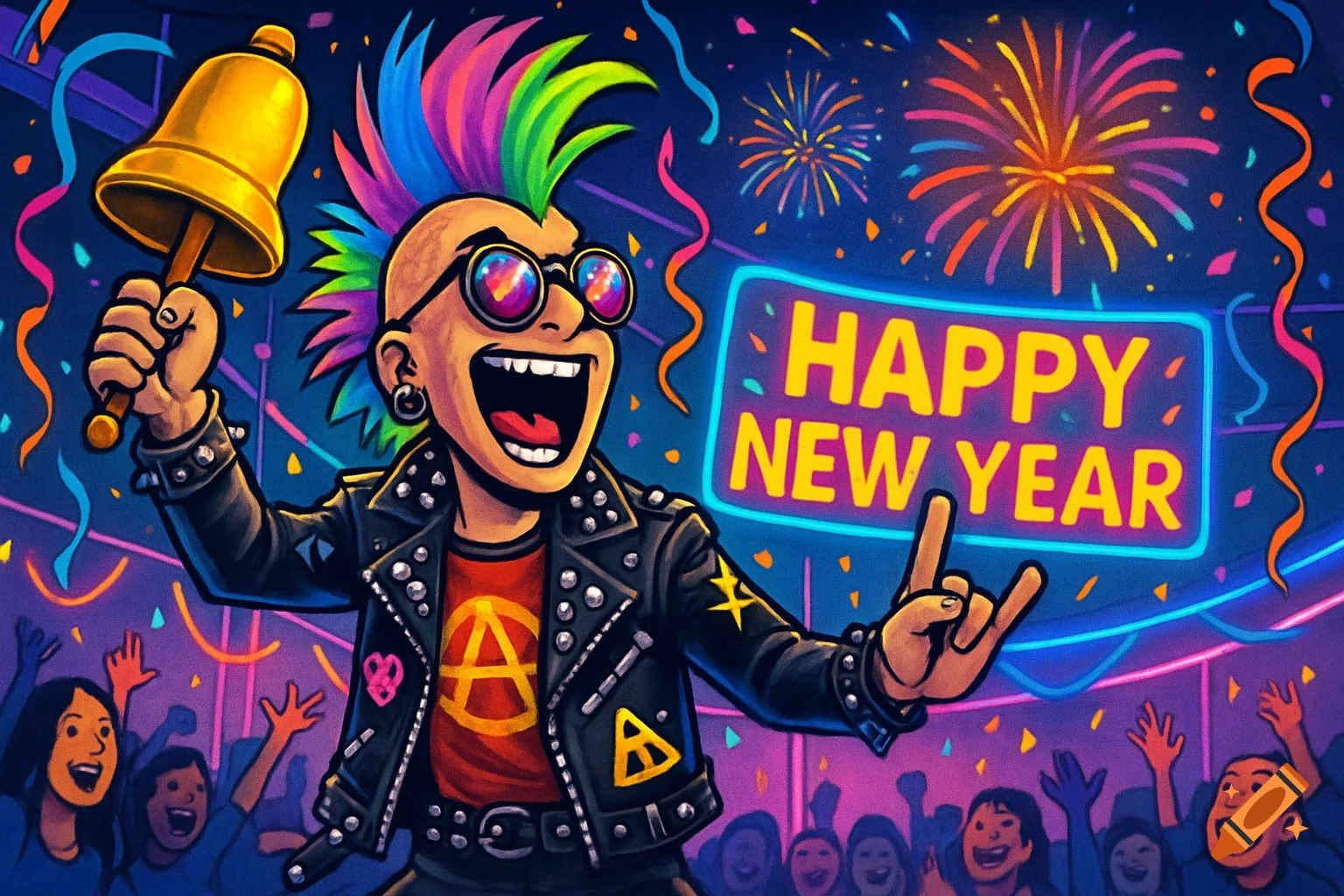 A vibrant cartoon punk rocker with a rainbow mohawk rings a bell, celebrating New Year's Eve with a crowd and fireworks, a neon 'HAPPY NEW YEAR' sign nearby.