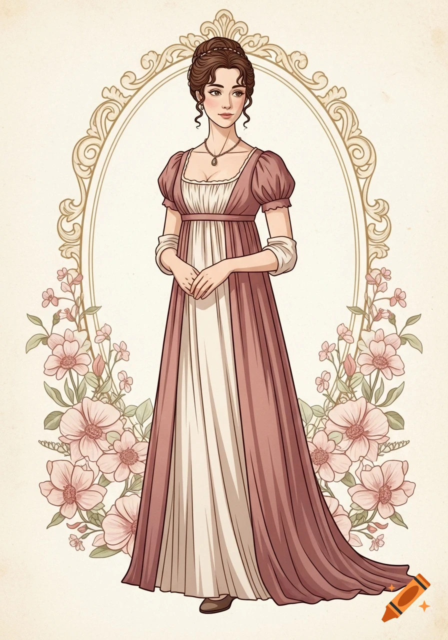 Vintage illustration of an elegant 19th-century woman in a dusty rose and cream Regency dress, framed by ornate gold and pink flowers.