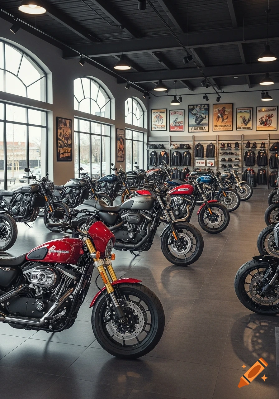 Interior view of a modern motorcycle showroom, featuring various models parked on a tiled floor with large arched windows and decorative posters on the walls.
