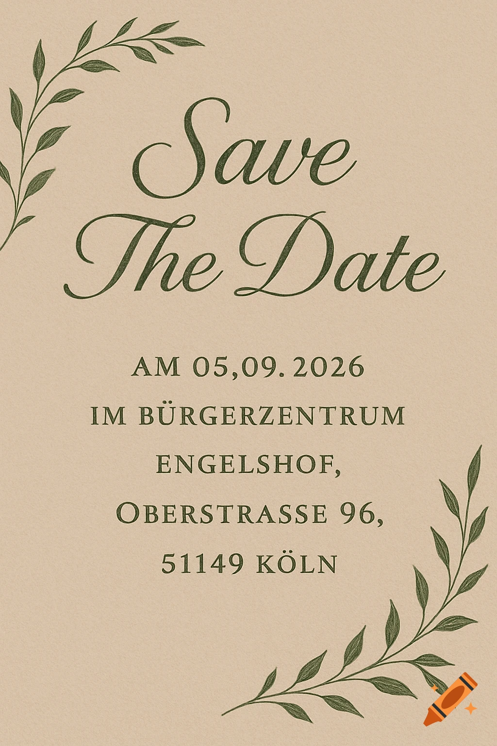 A beige 'Save The Date' card with dark green cursive and block text, adorned with green leaf illustrations in the corners.