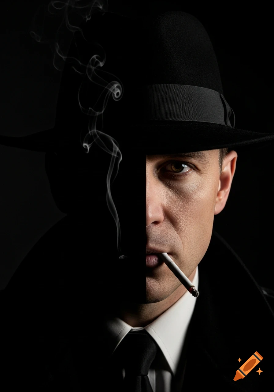 Cinematic portrait of a man in a fedora, smoking a cigarette with half his face in deep shadow, noir style.
