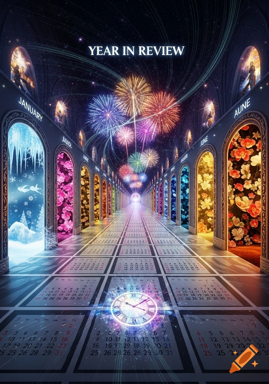 A long, futuristic hallway with arches on both sides, each depicting a different season or month. Fireworks burst in the starry sky above, and glowing calendar grids with a clock are on the floor. Text reads "YEAR IN REVIEW" at the top, but month names are garbled.