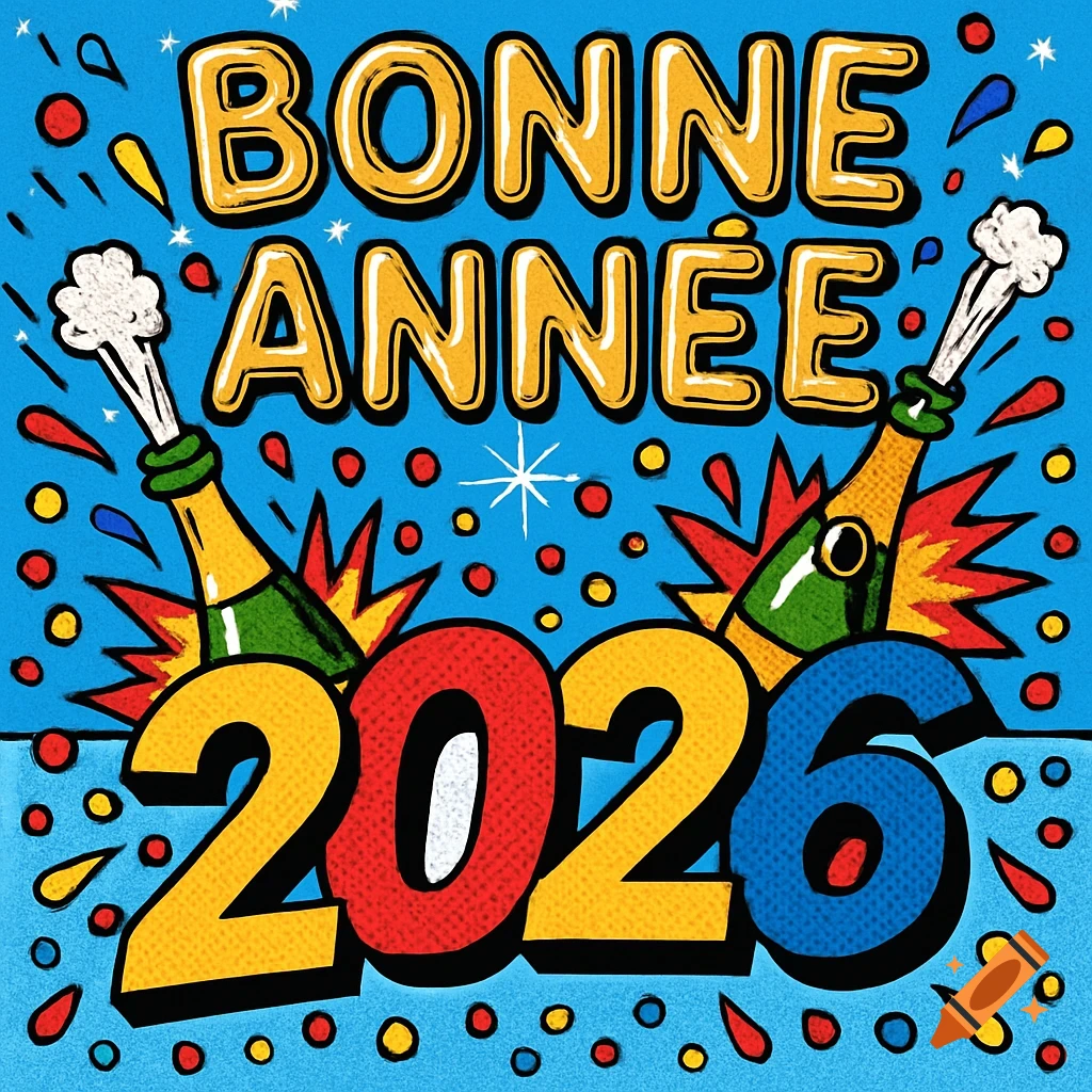 Pop art illustration wishing 'Bonne Année 2026' with champagne bottles, confetti, and stars on a blue background.