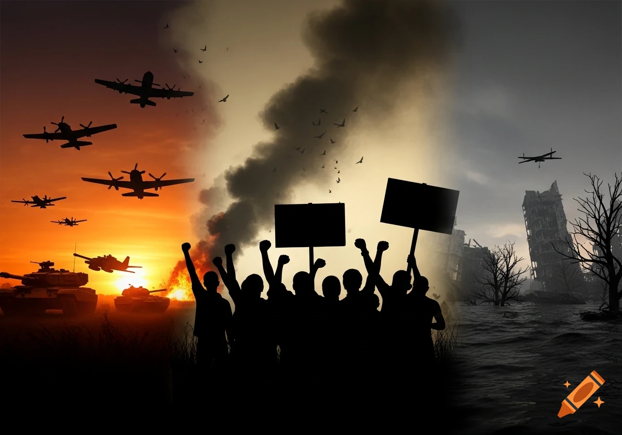 Silhouettes depicting a split image of war, protest, and catastrophe with tanks, planes, protestors, and destroyed buildings.