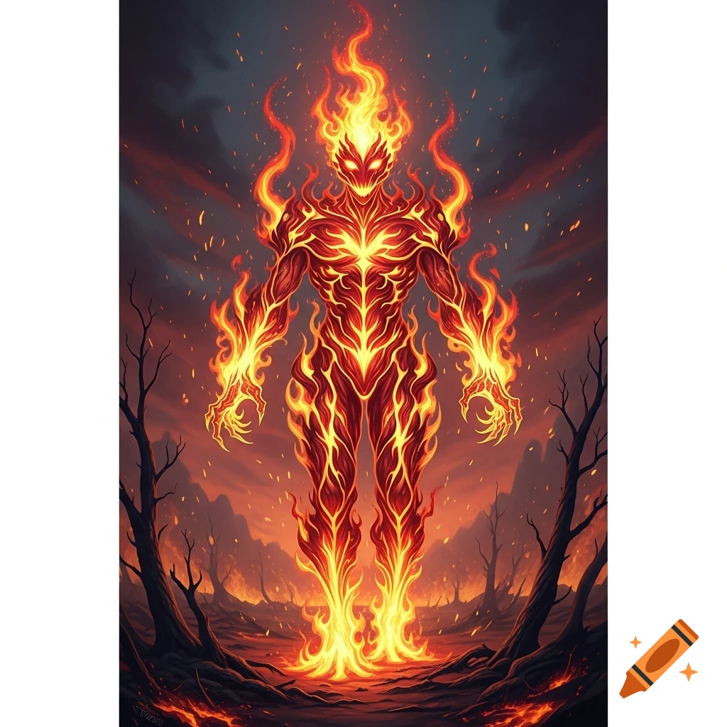A tall, muscular fire elemental creature stands amidst a burning, barren landscape under a dark sky.