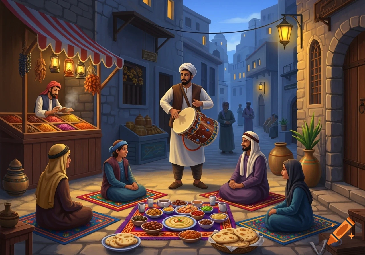 An illustrated scene of people in traditional attire sharing a meal on mats in a Middle Eastern street at dusk, with market stalls and a drummer.