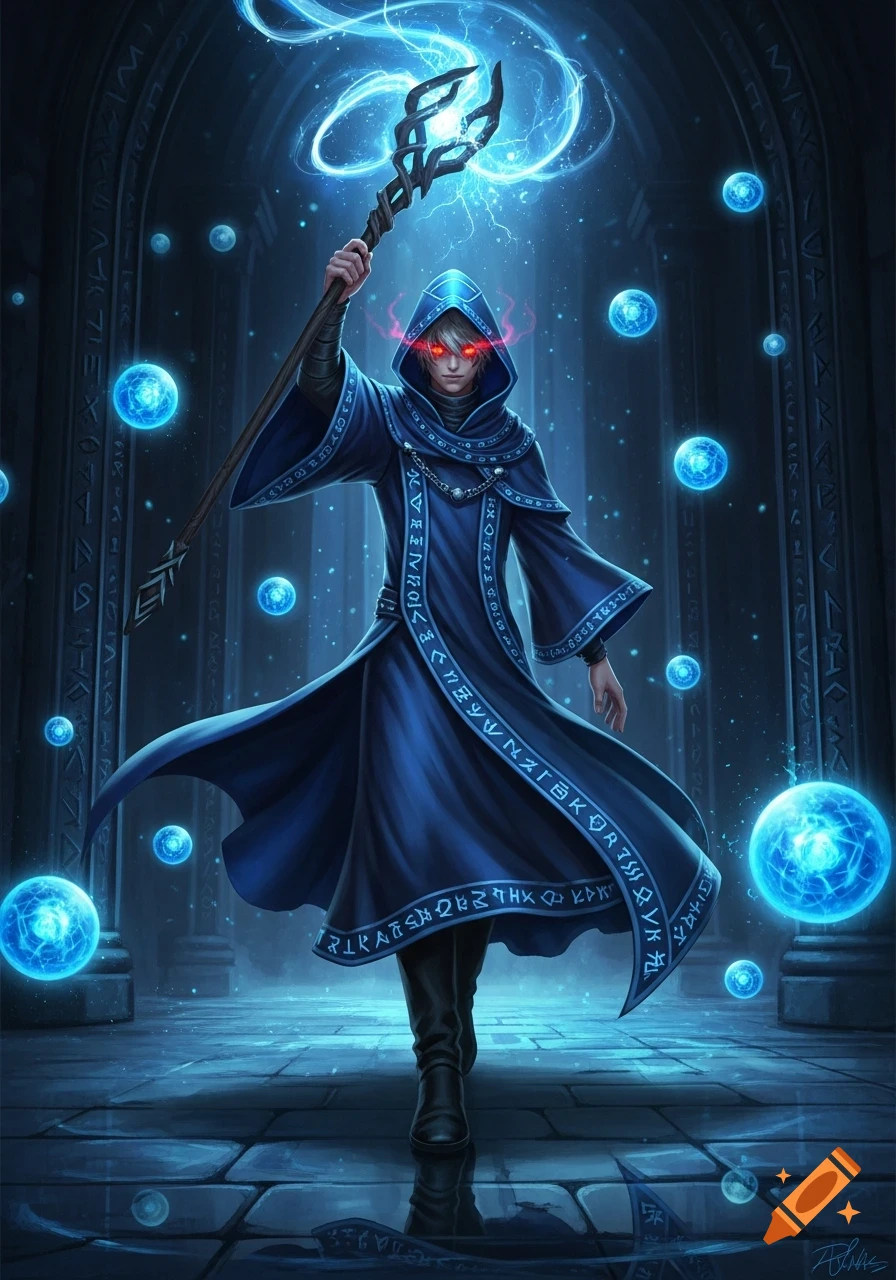 A dark wizard in a blue hooded robe with glowing red eyes holds a staff, surrounded by floating blue orbs and magical lightning, in a dark, ancient hall.