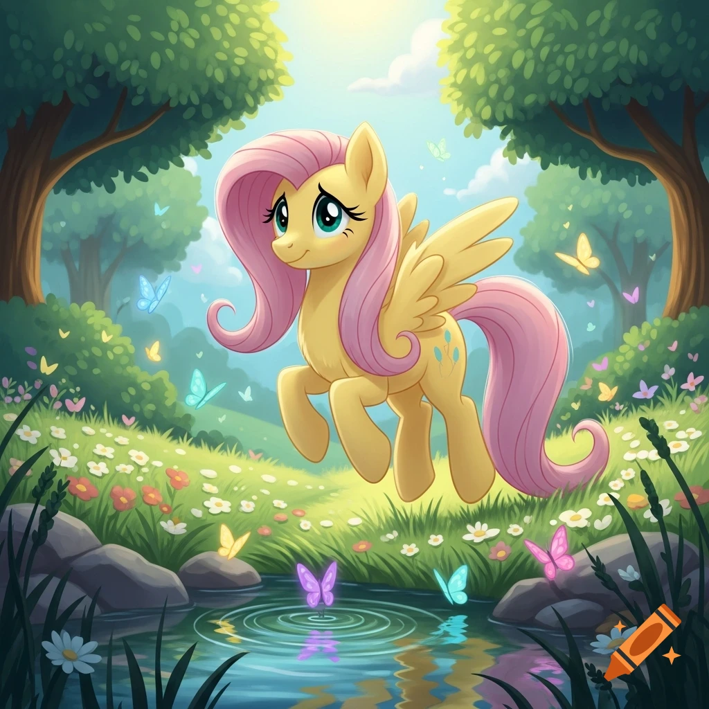 Fluttershy, a yellow pony with pink hair and wings, hovers over a pond in a vibrant, flowery forest clearing.