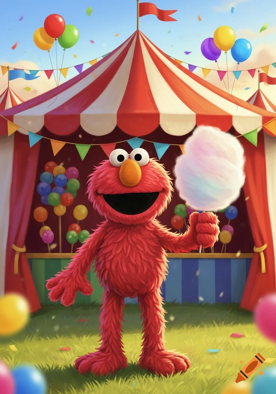 Elmo stands smiling at a sunny carnival holding cotton candy, with a red and white tent and colorful balloons in the background.