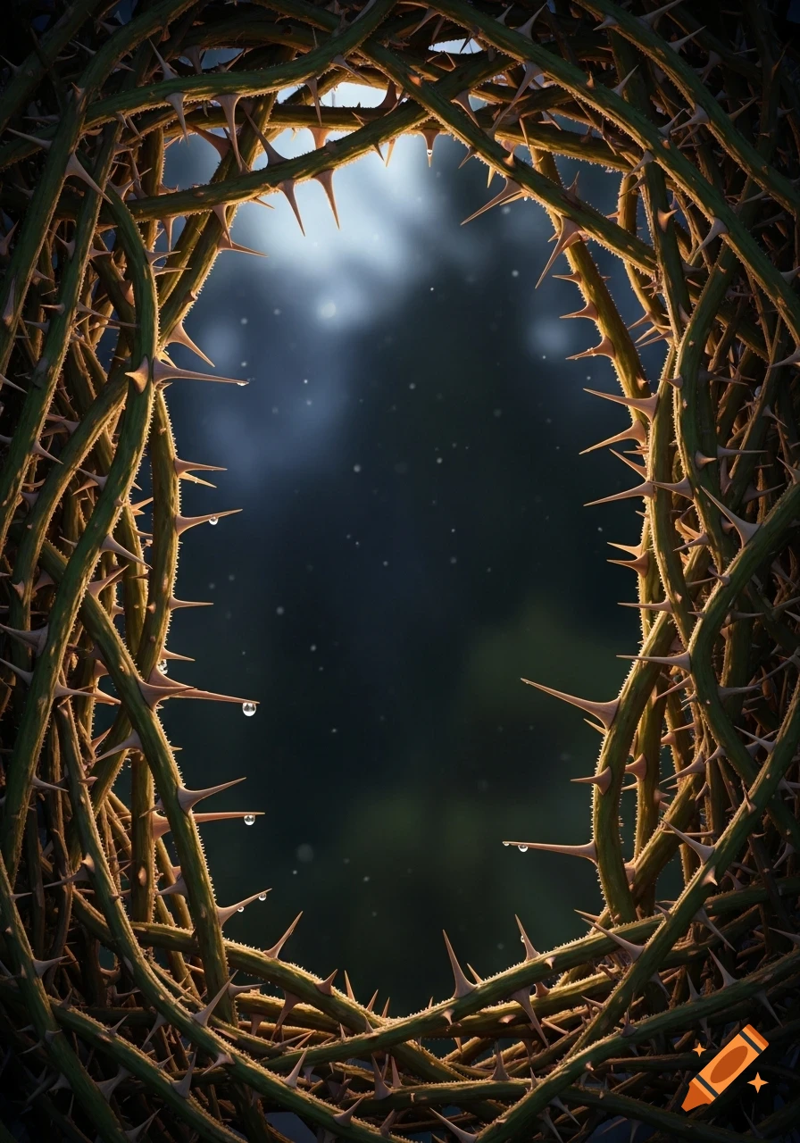A close-up view of intertwined thorny vines forming an oval frame, with water droplets, against a dark, blurry background.