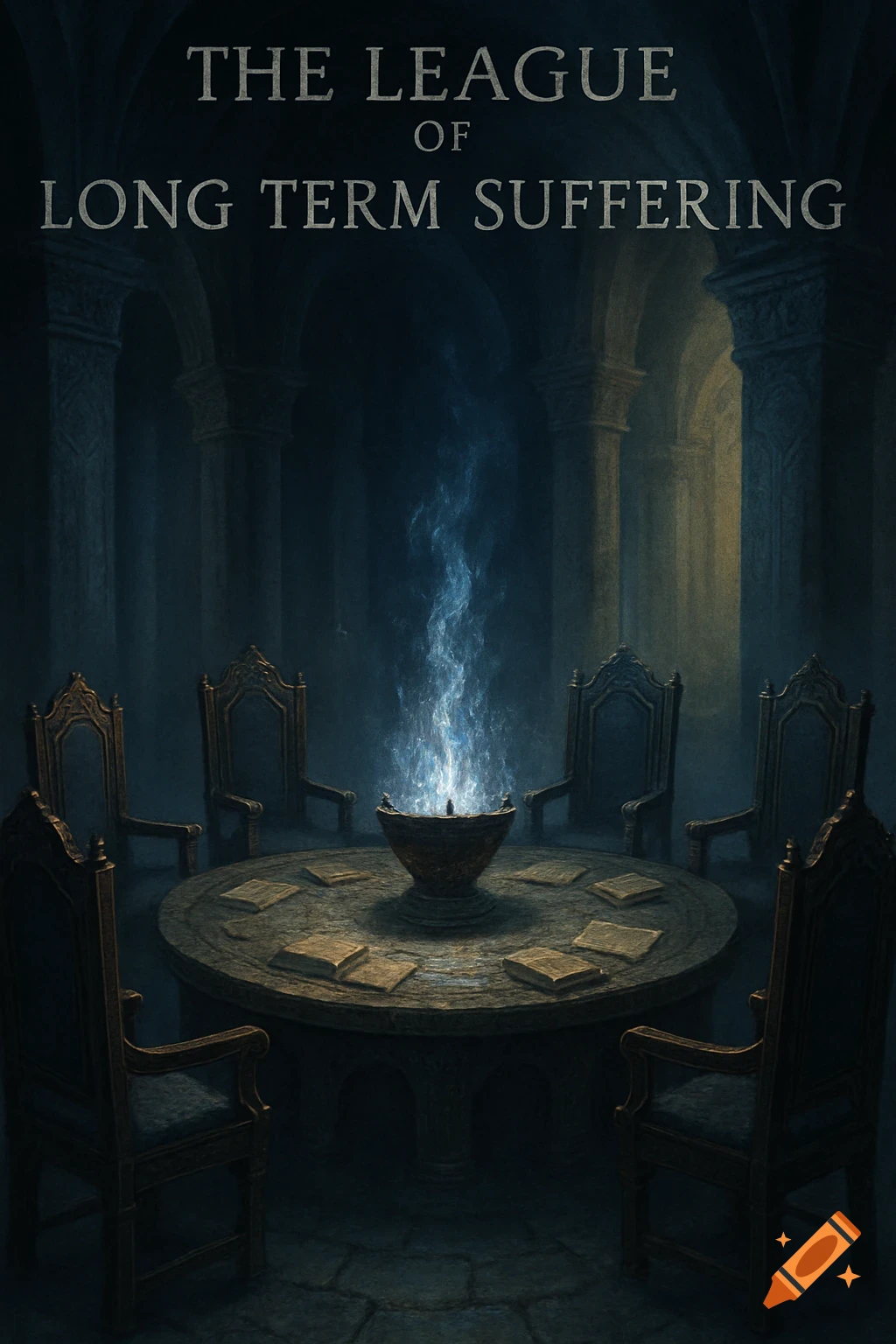 A dark, atmospheric chamber features a round stone table surrounded by empty chairs, with a vibrant blue mystical flame emanating from a bowl in the center. Above, the text reads "THE LEAGUE OF LONG TERM SUFFERING".