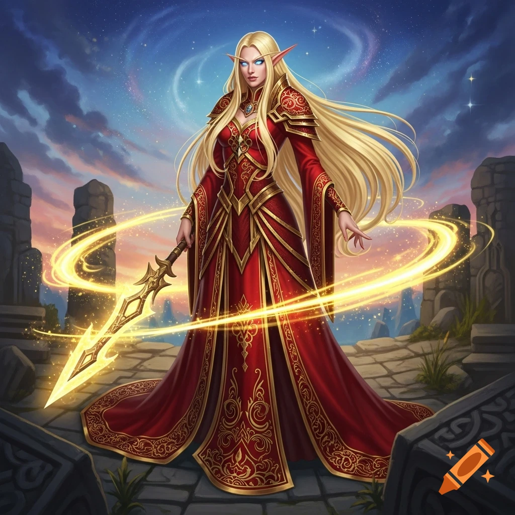 A blonde high elf mage in red and gold robes holds a glowing spear among ruins under a starry twilight sky, digital art.