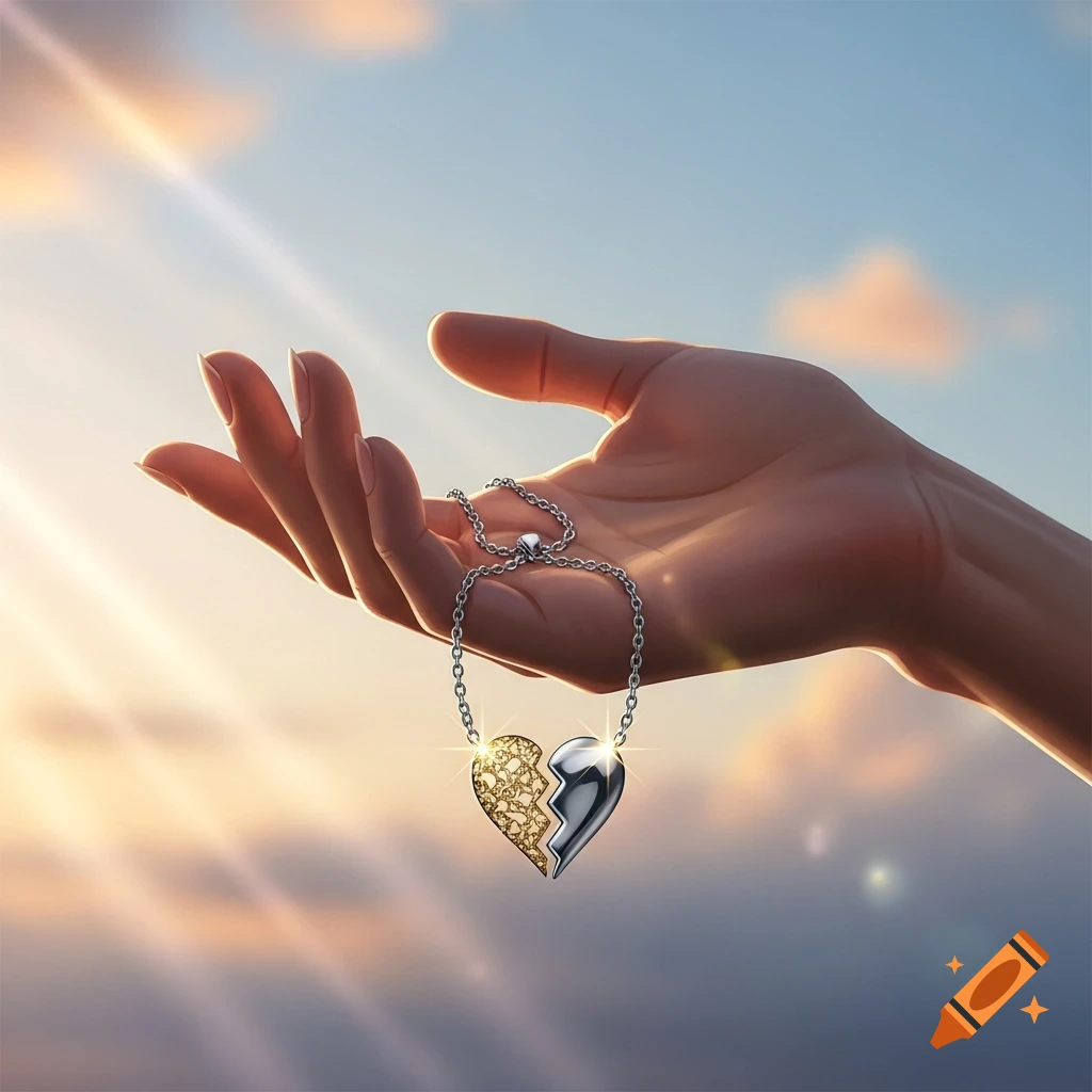 A hand holds a silver necklace with a two-piece broken heart pendant, one half gold filigree, against a soft, sunlit sky.
