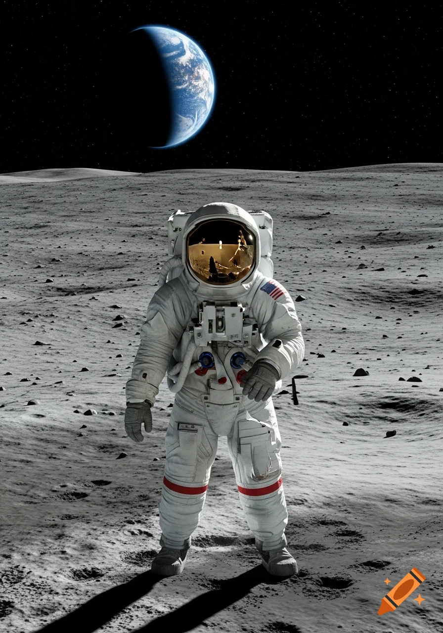 An astronaut stands on the desolate, cratered surface of the moon, with a partial view of Earth and stars in the dark sky.