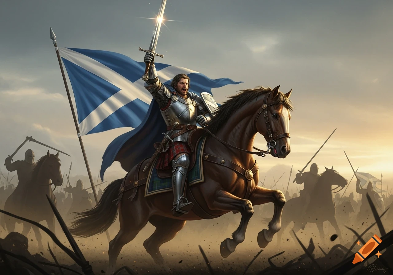 A valiant Scottish knight in full armor rides a rearing horse on a battlefield, raising his sword high under a Scottish flag.