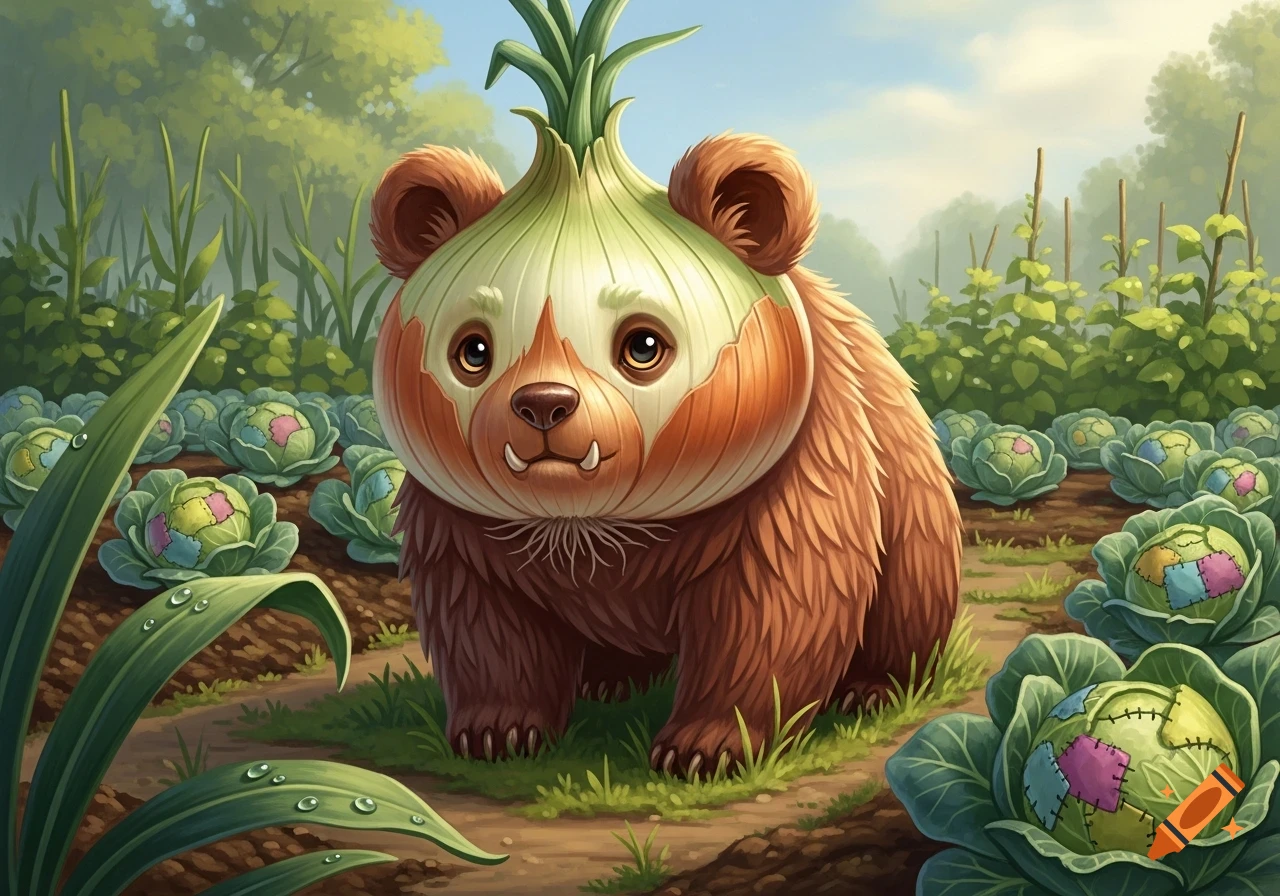A cute brown bear with an onion as its head, complete with green sprouts and root whiskers, stands in a garden among patch-patterned cabbages.