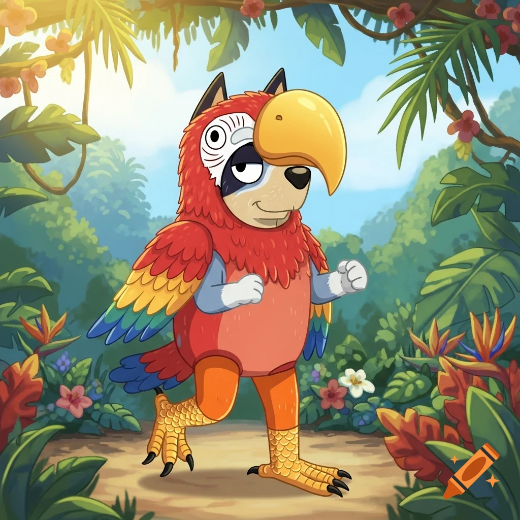 Bluey Heeler cartoon character in a red parrot costume with a yellow beak, orange legs, and bird feet, running through a jungle.