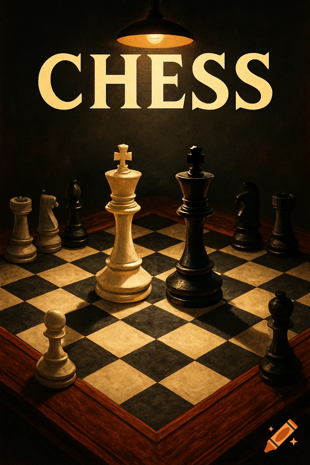 A chessboard with white and black kings and other pieces, illuminated by a lamp, with the word CHESS at the top.