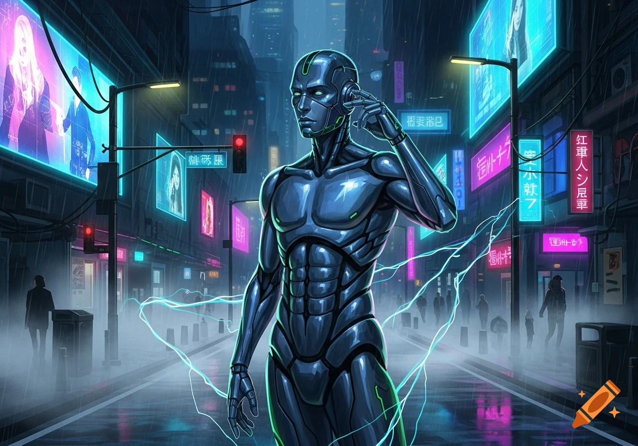 A humanoid robot stands in a rainy, neon-lit cyberpunk city, touching its ear, amidst blurred figures.