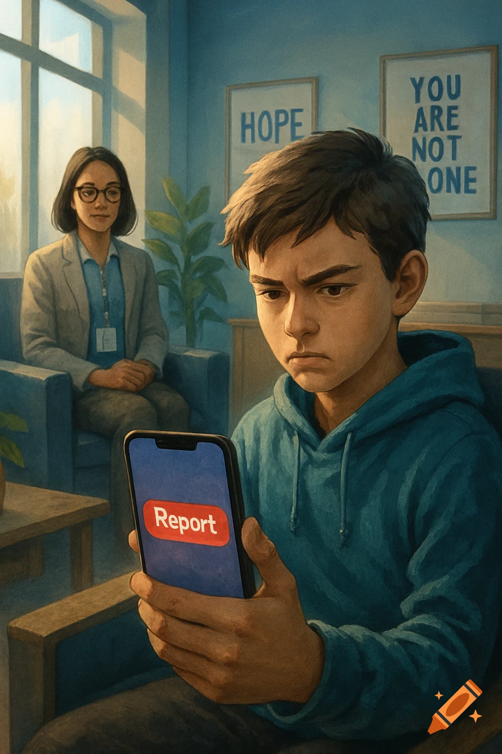 An illustration shows a concerned boy looking at his phone, which displays a red 'Report' button. A woman sits in the background. Posters read 'HOPE' and 'YOU ARE NOT ONE'.