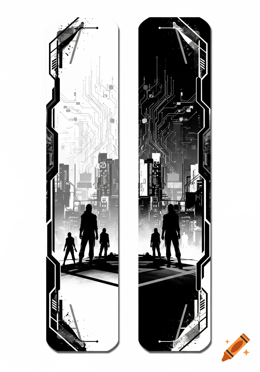 Two black and white cyberpunk bookmarks. Silhouetted figures stand before a futuristic cityscape with circuit board patterns.