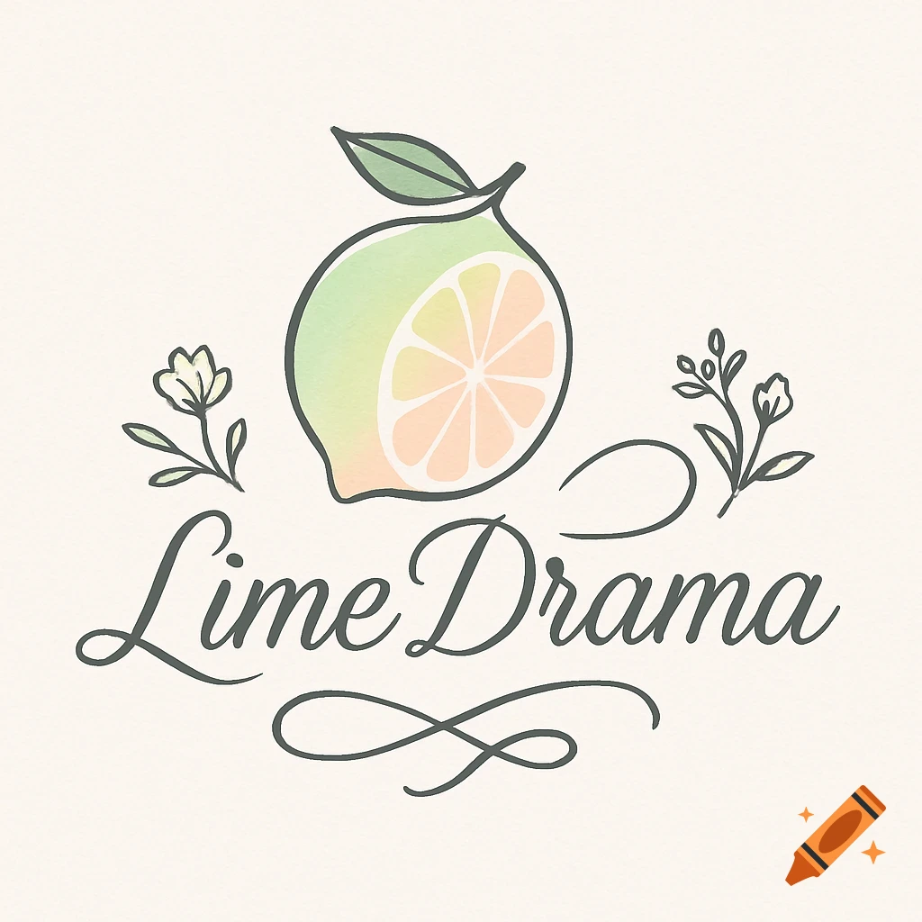 A watercolor logo with a green lime, a slice revealing orange segments, green leaves, floral accents, and the text "Lime Drama" in a script font.