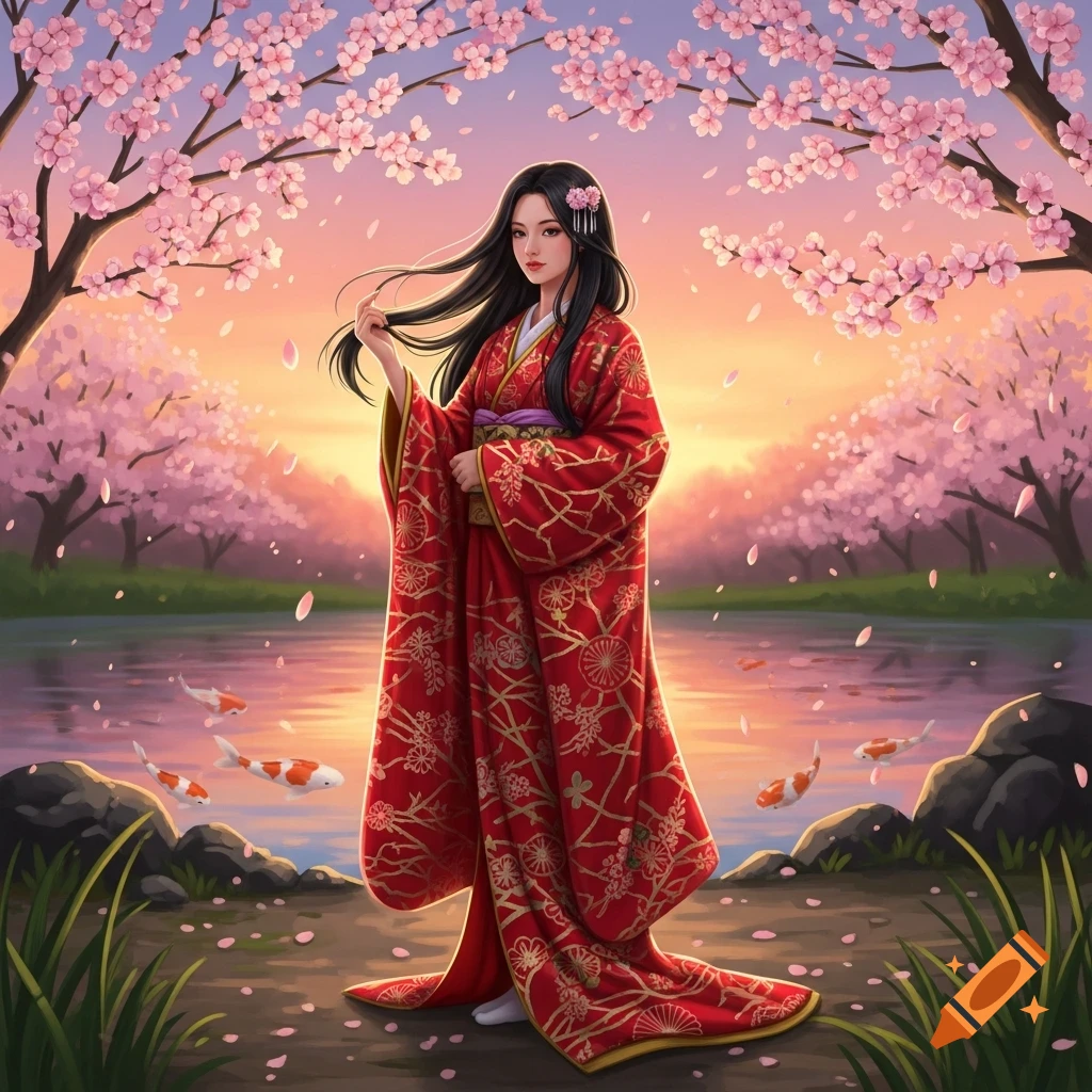 A woman in a red kimono with gold patterns stands by a lake with koi fish, surrounded by pink cherry blossom trees at sunset.