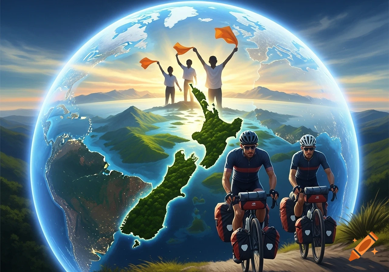 Two cyclists ride on a path toward a prominent, forested New Zealand on a large globe, with three people waving orange flags in the background.