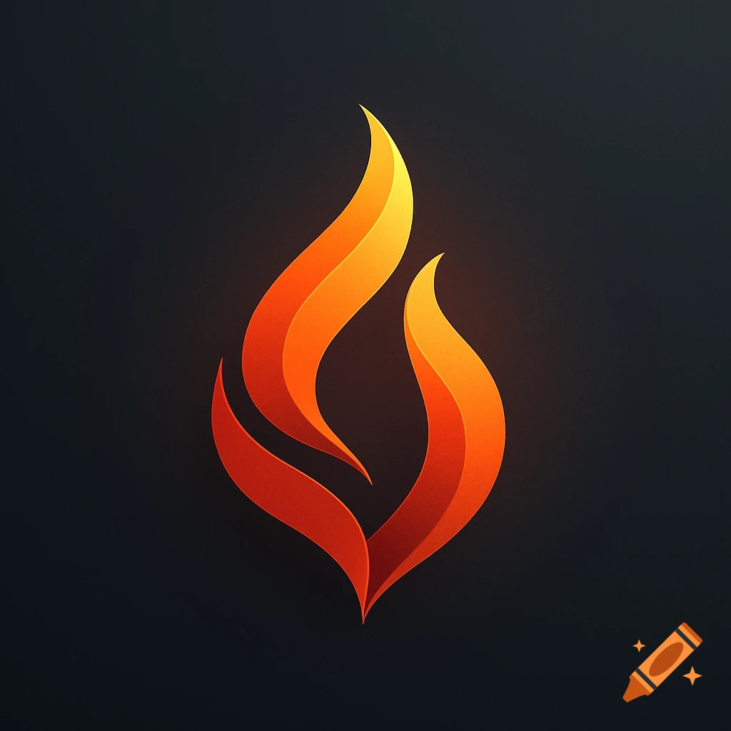 A stylized orange and red flame logo with subtle gradients on a dark grey background.