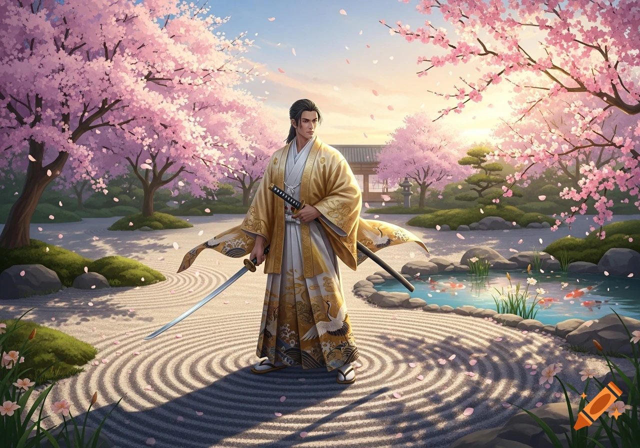 A samurai in a gold and white kimono holds two katanas in a raked zen garden under pink cherry blossom trees, with a koi pond nearby.