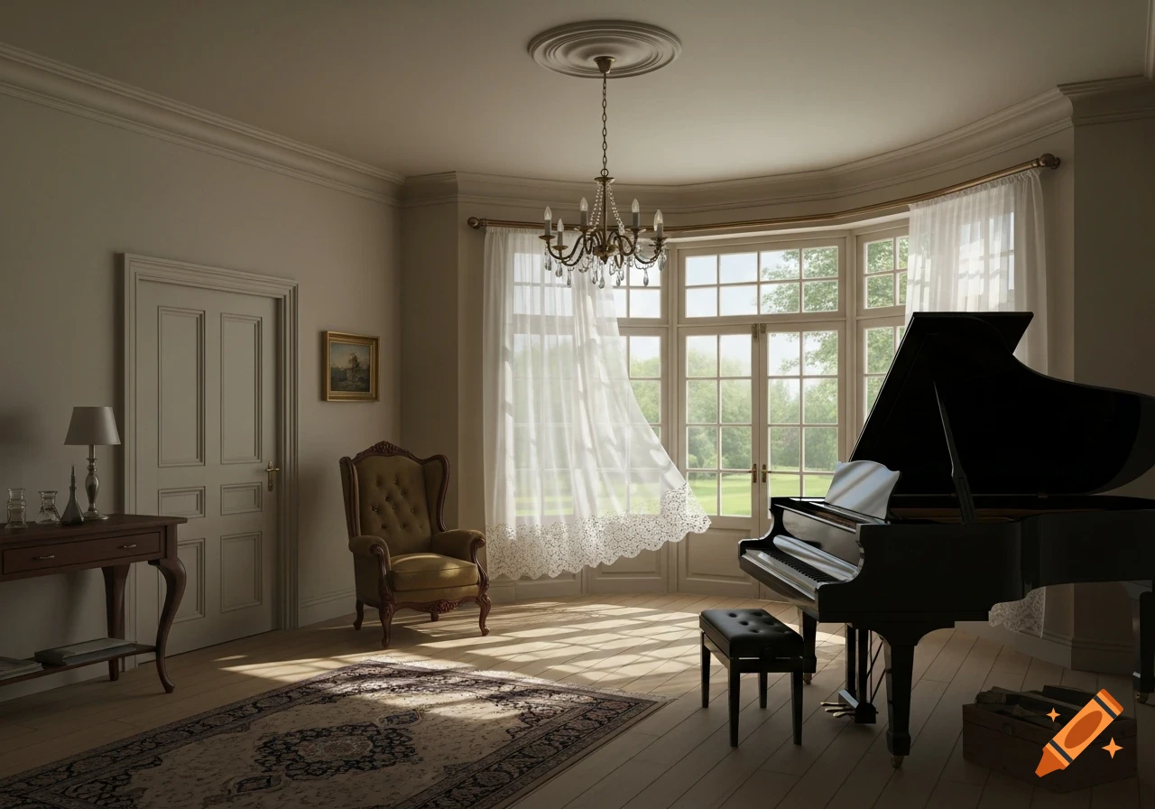 A grand living room with a bay window, a black grand piano, a yellow armchair, and a patterned rug, bathed in sunlight.