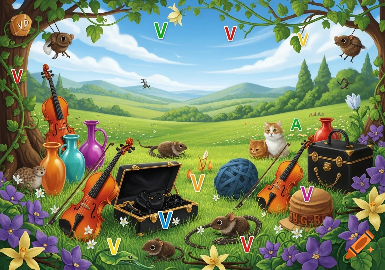 A vibrant, cartoon-style illustration of a green meadow filled with various objects, animals like mice and cats, violins, vases, and flowers, with letters 'V' and 'A' subtly integrated.