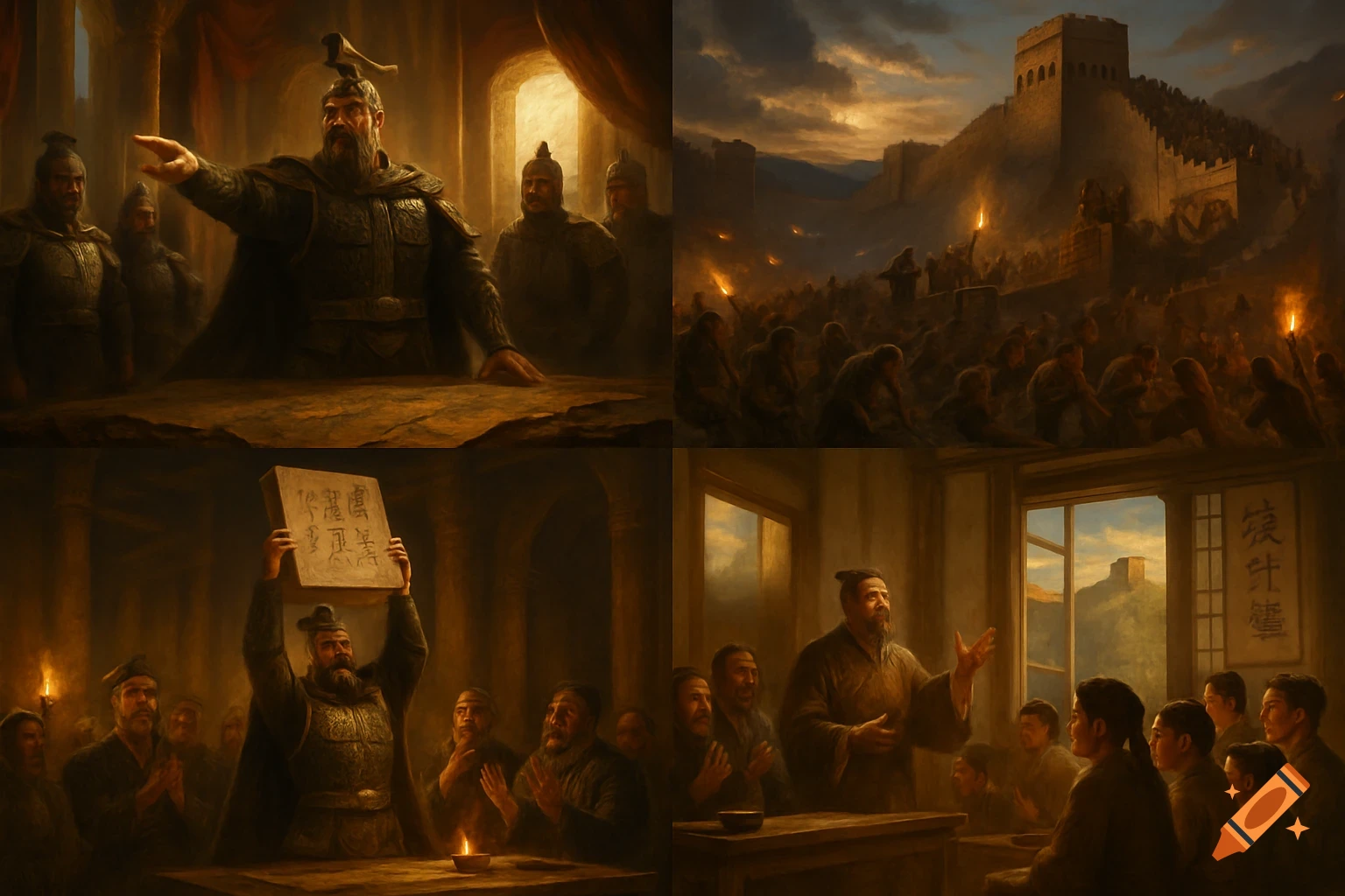 Four panels depicting ancient China: a general pointing at a map, people building a great wall, a man holding a stone tablet with text, and a teacher instructing students.
