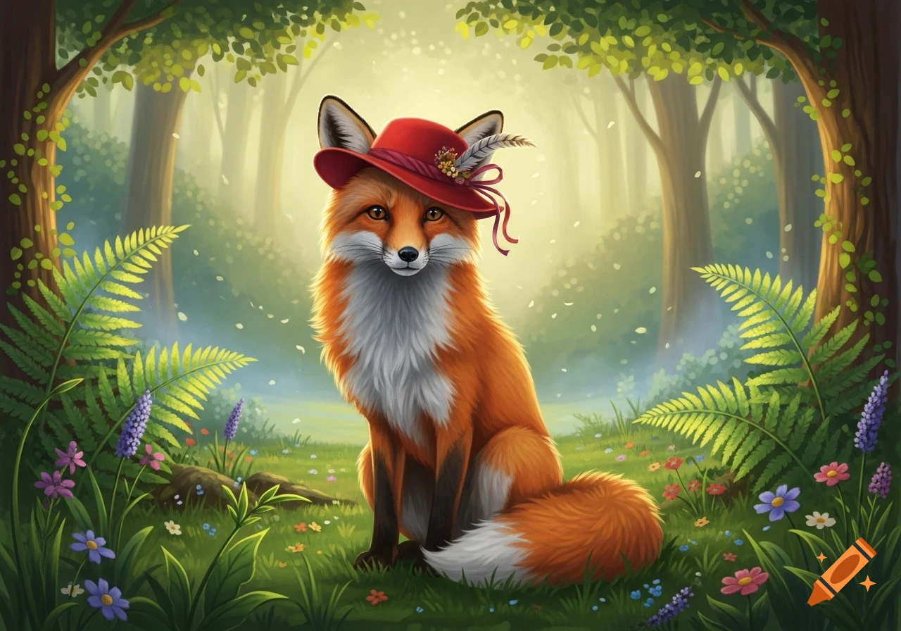 A cute orange fox wearing a red hat sits in a vibrant, illustrated forest clearing with ferns and colorful wildflowers.